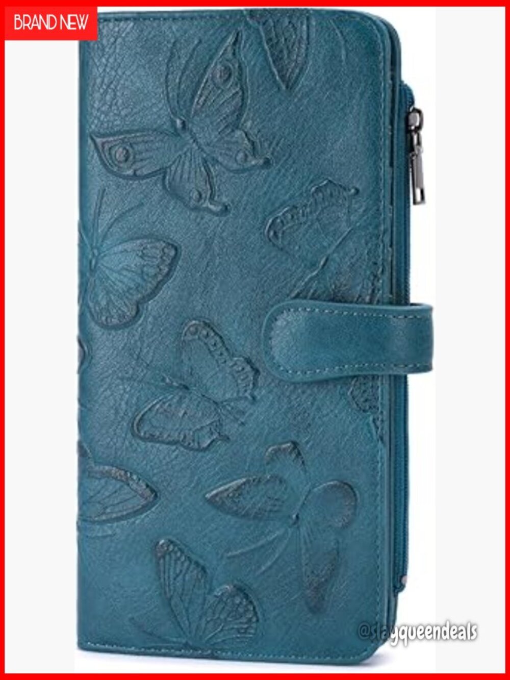 Slim RFID Wallet with Butterfly Design, 11 Card Slots, Zippered Coin Pocket